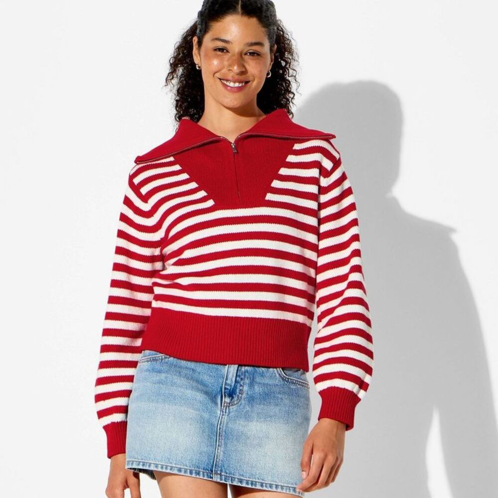 Women's Long Sleeve Quarter Zip Polo Sweater - Wild Fable Red Striped L
